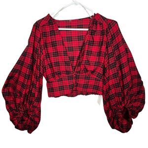New Truth NYC Red/Black Plaid Bishop Sleeve Crop Plug V Neck Sz M Grunge